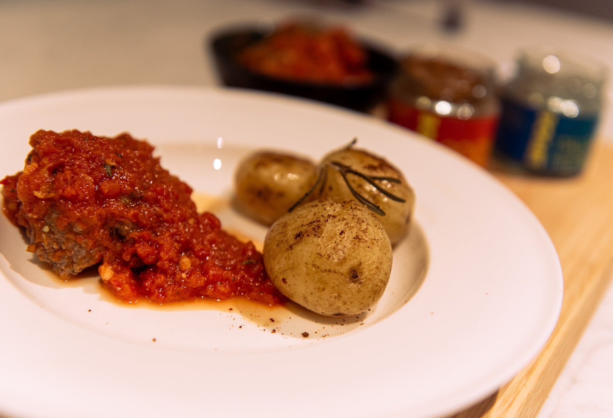 Mozzarella-Stuffed Italian Meatball with Roasted Potatoes & Pomodoro Sauce